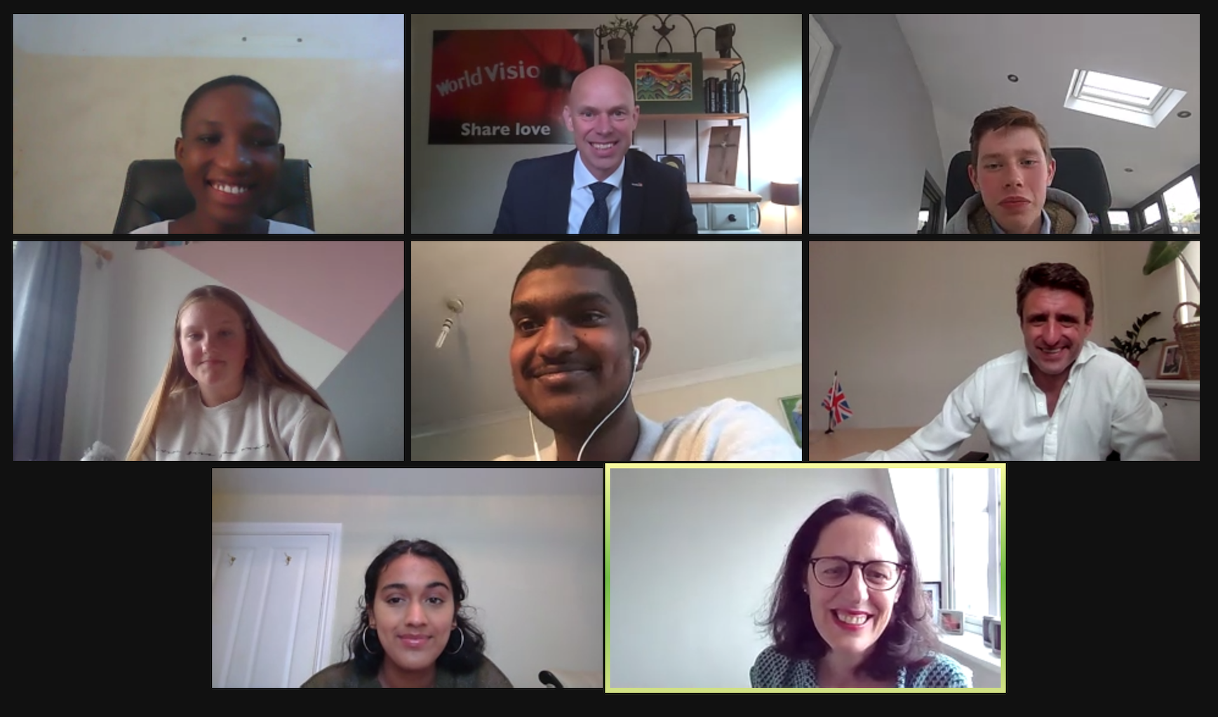 Still image from Zoom conference call, showing some of the young people, MK North MP and World Vision staff