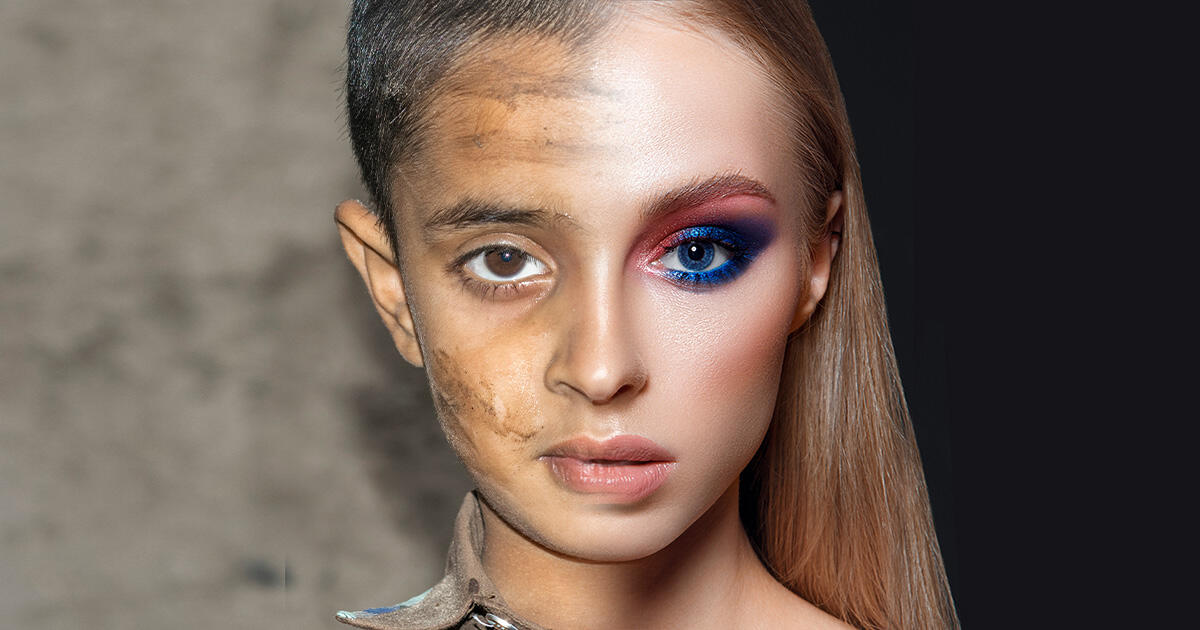 Half of a face of a beauty model wearing make up, and half of a dirty face of a young child