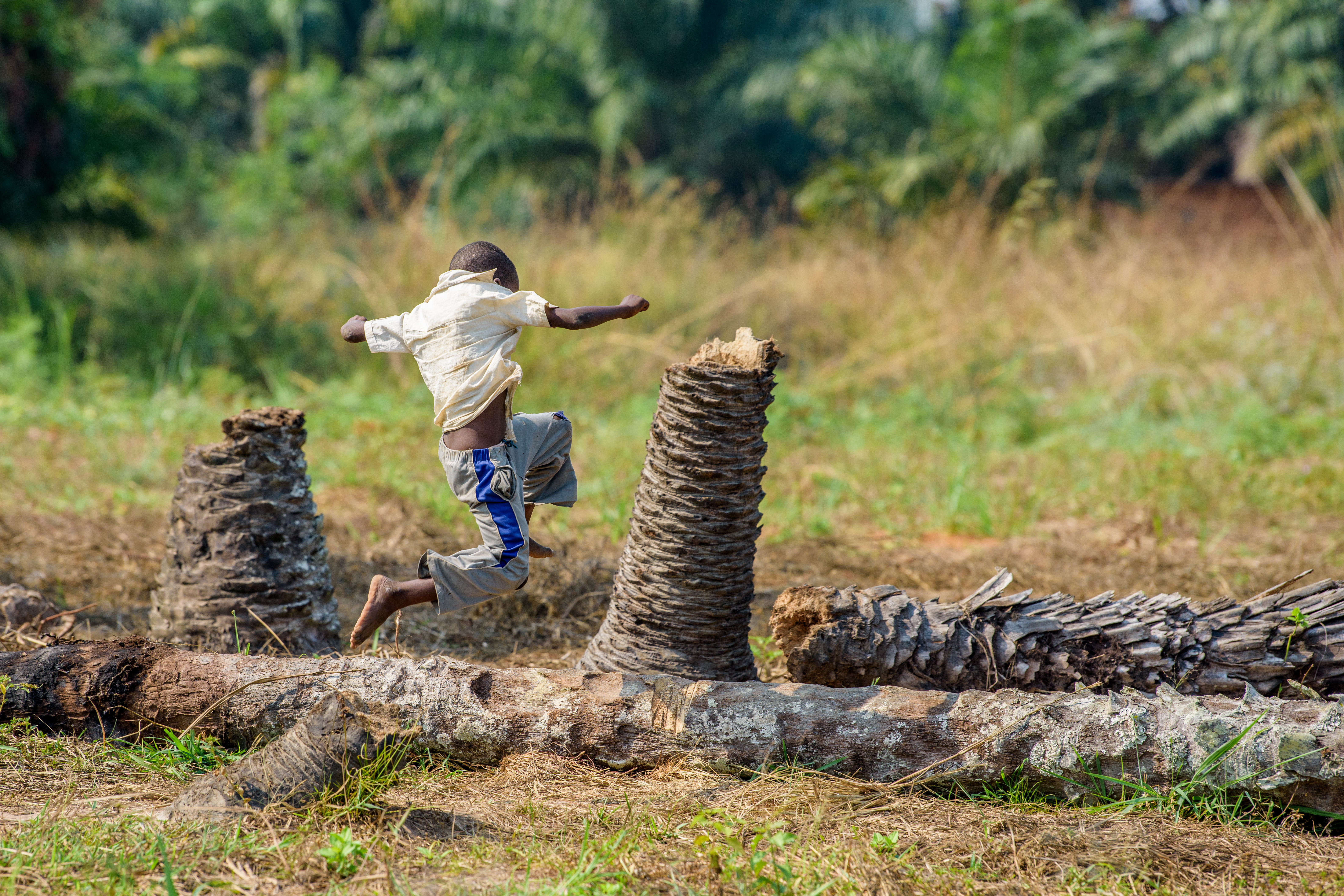 A young boy leaps over fallen trees
