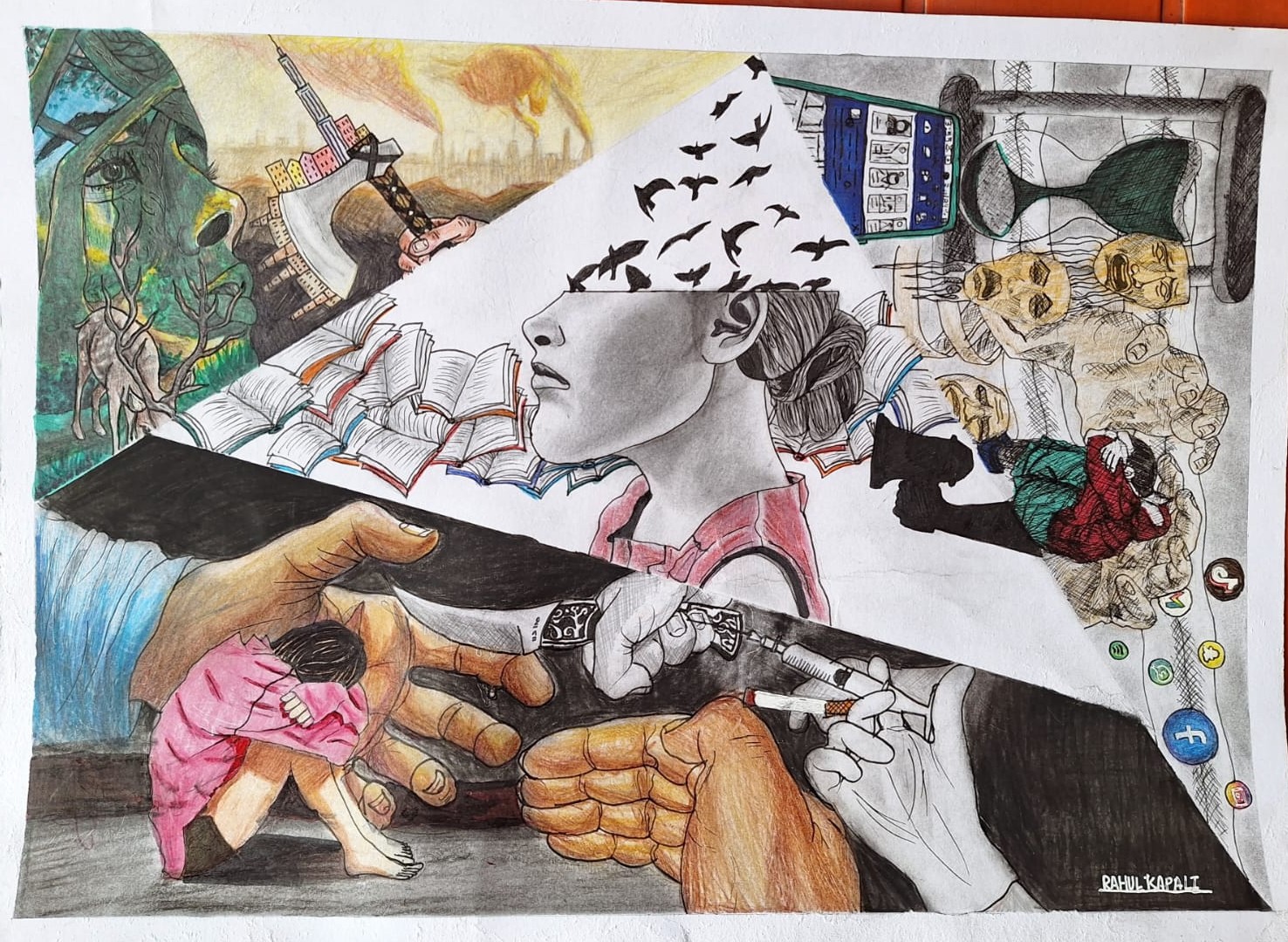Rahul's artwork highlights youth participation in the Youth Advocacy Network UK, divided into four sections representing climate change, social media, child rights, and child protection.