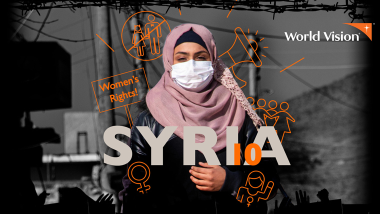 Fatimah, 18, surrounded by graphics of the Syrian war which has now lasted 10 years