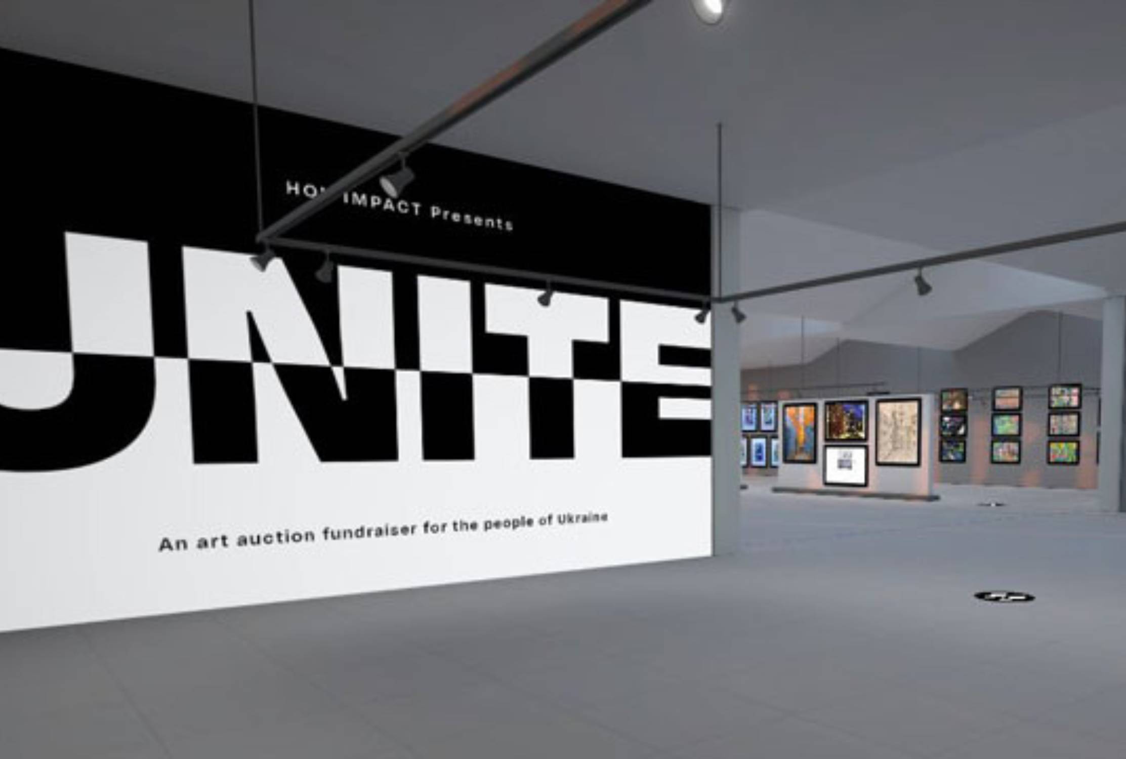 Virtual art gallery with large marketing poster saying Unite