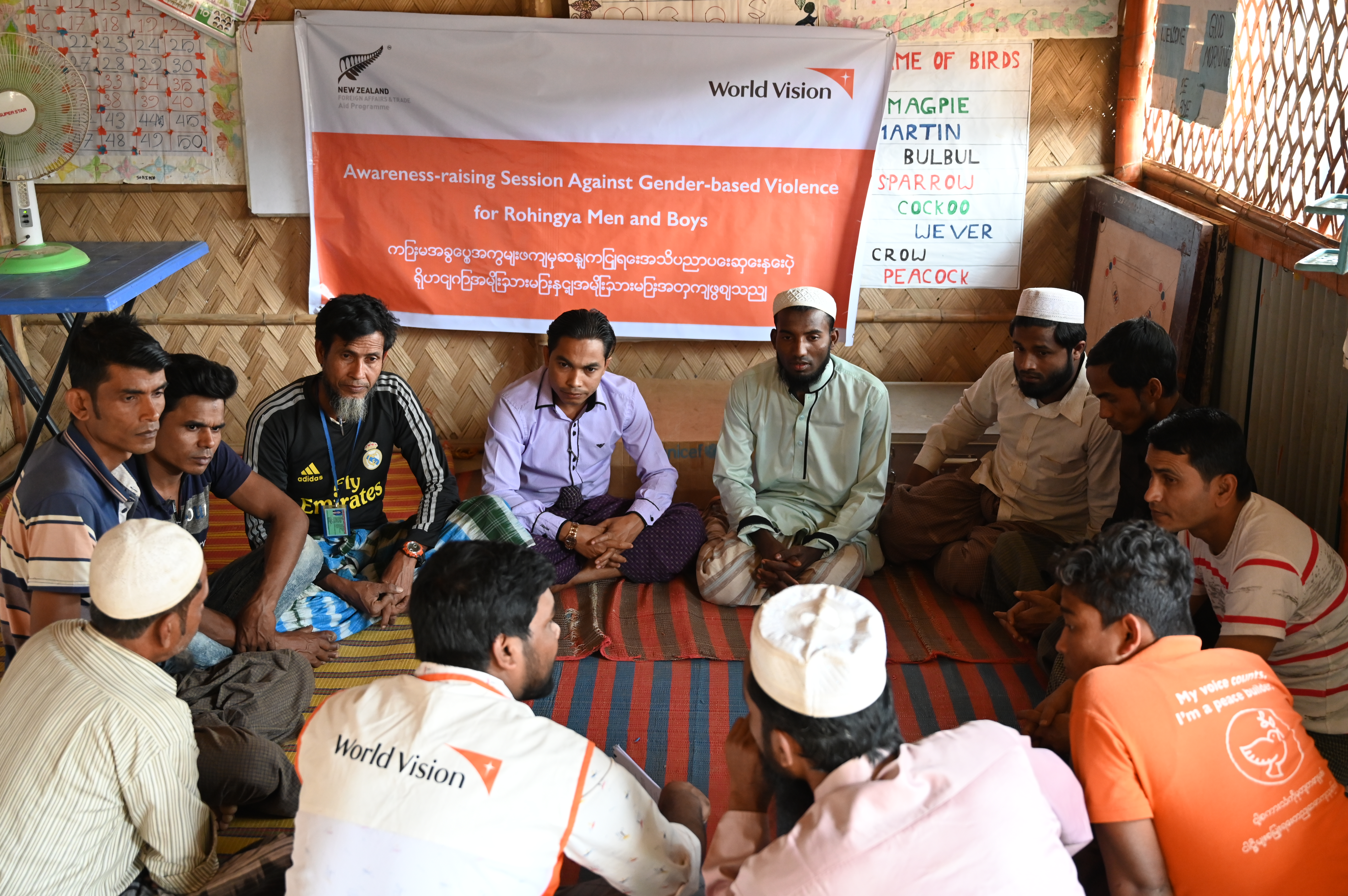Refugee men in Bangladesh sit in a circle in a room to discuss tackling domestic violence
