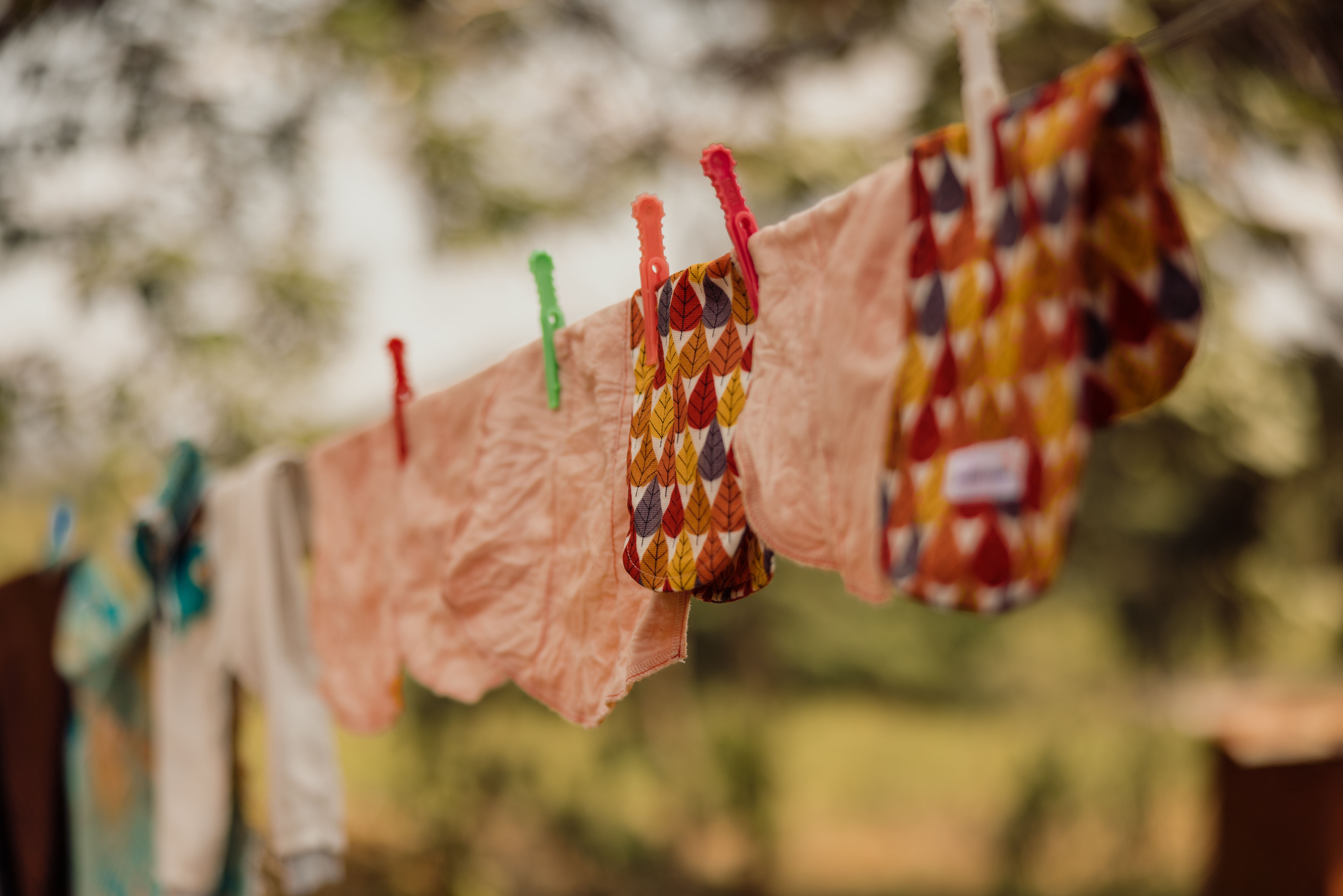 Period pads on a washing line. 