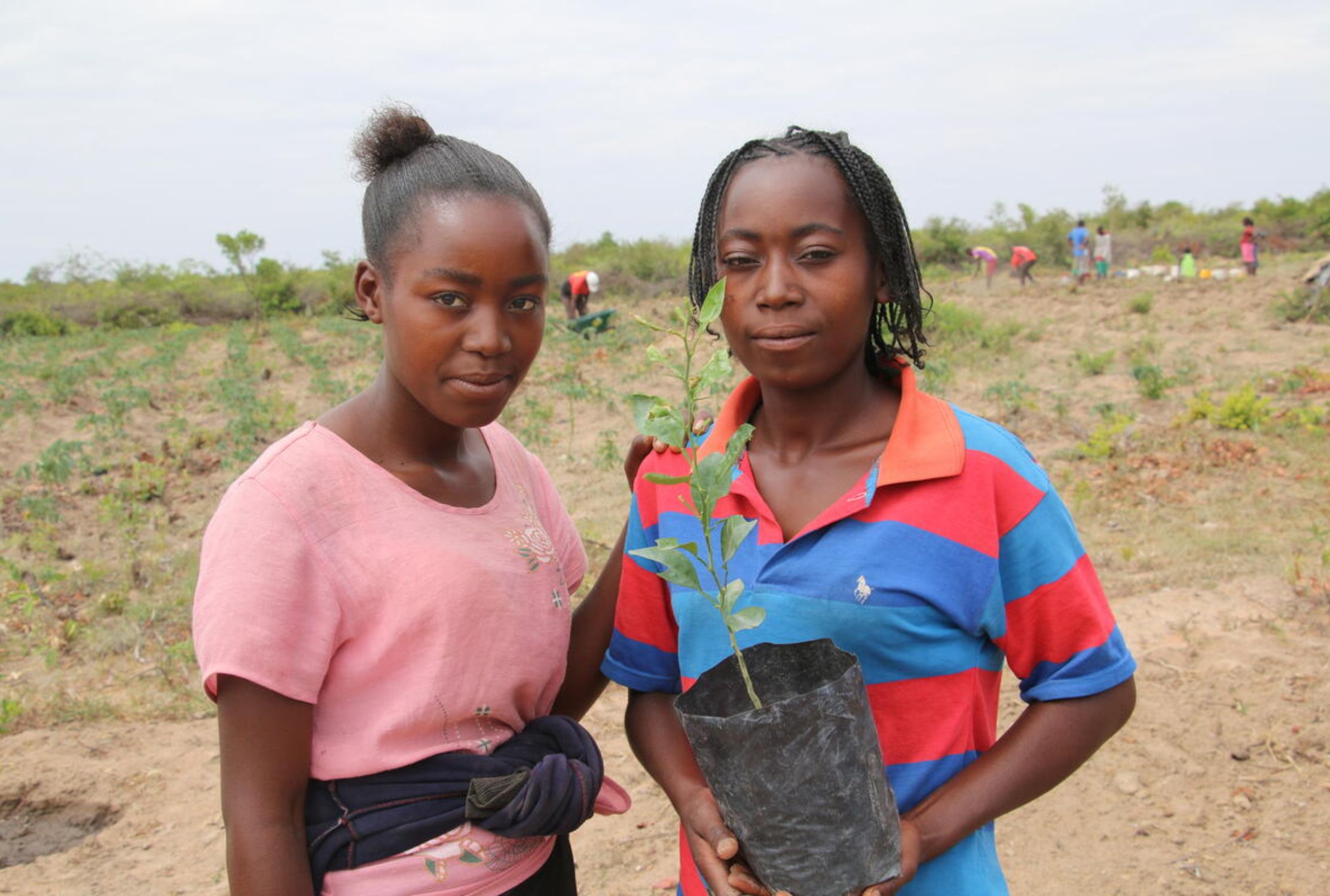 Two teenage Angolan sisters holding a plant