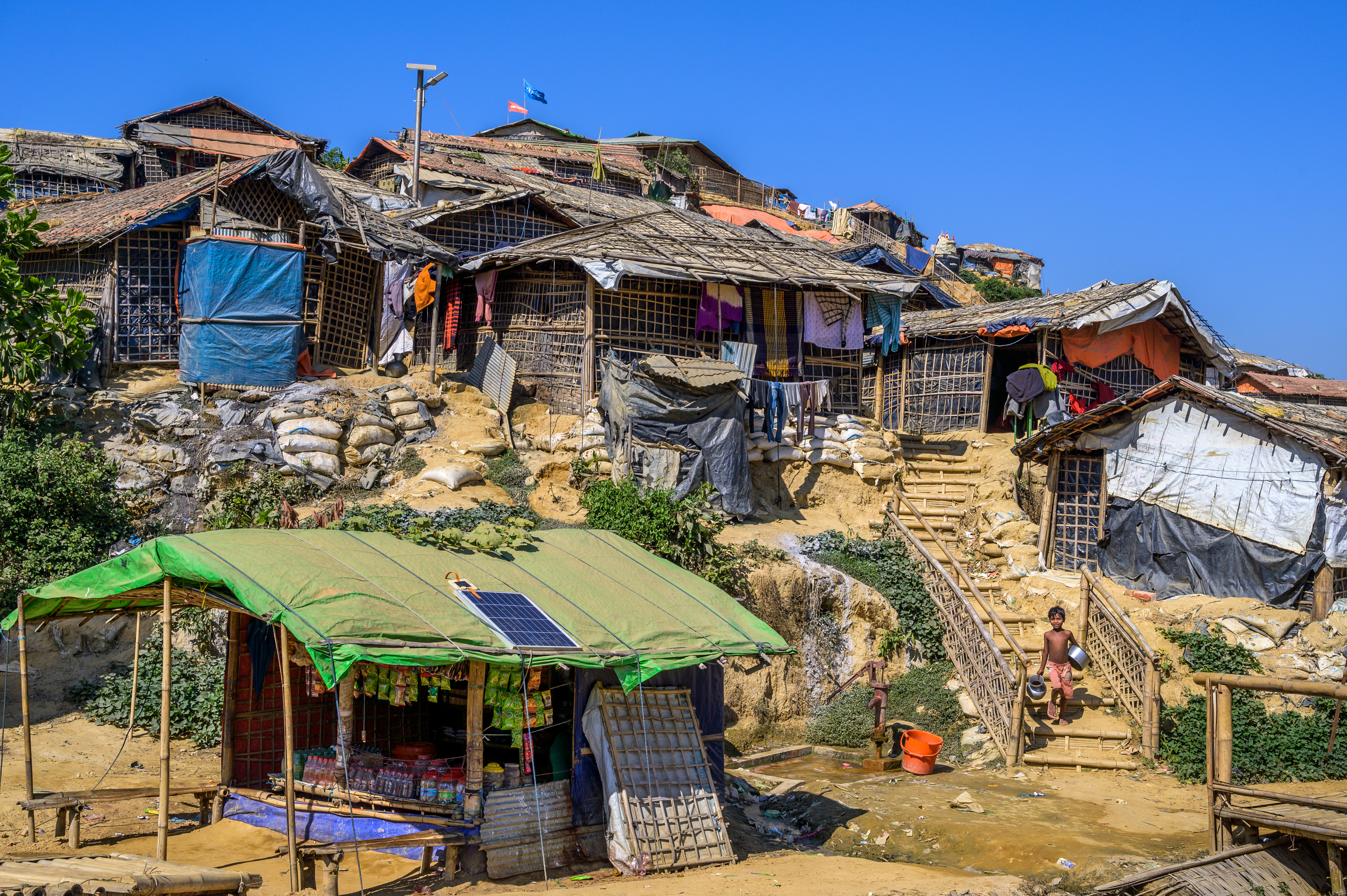 View of the Rohingya refugee camp, with one of World Vision's nutrition feeding centres on top of a hill.