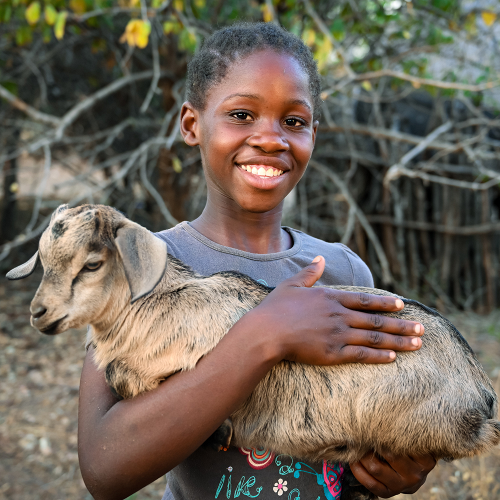 Child from Zimbabwe standing outside holding a goat and smiling to the camera